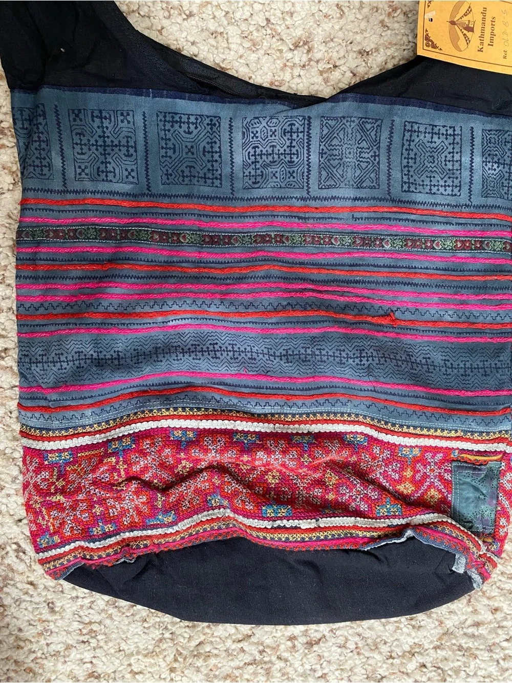 Bohemian Striped cross stitched Cotton Hobo Bag in Blue and Red